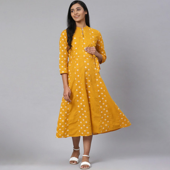 https://www.weavestyle.in/products/women-mustard-yellow-off-white-printed-pure-cotton-maternity-a-line-dress