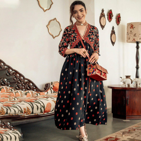 https://www.weavestyle.in/products/black-orange-ethnic-motifs-printed-maxi-dress